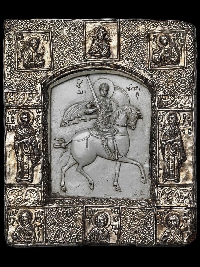 Zilveren Byzantijns reliëf van de Heilige Demetrius te paard, omringd door heiligen